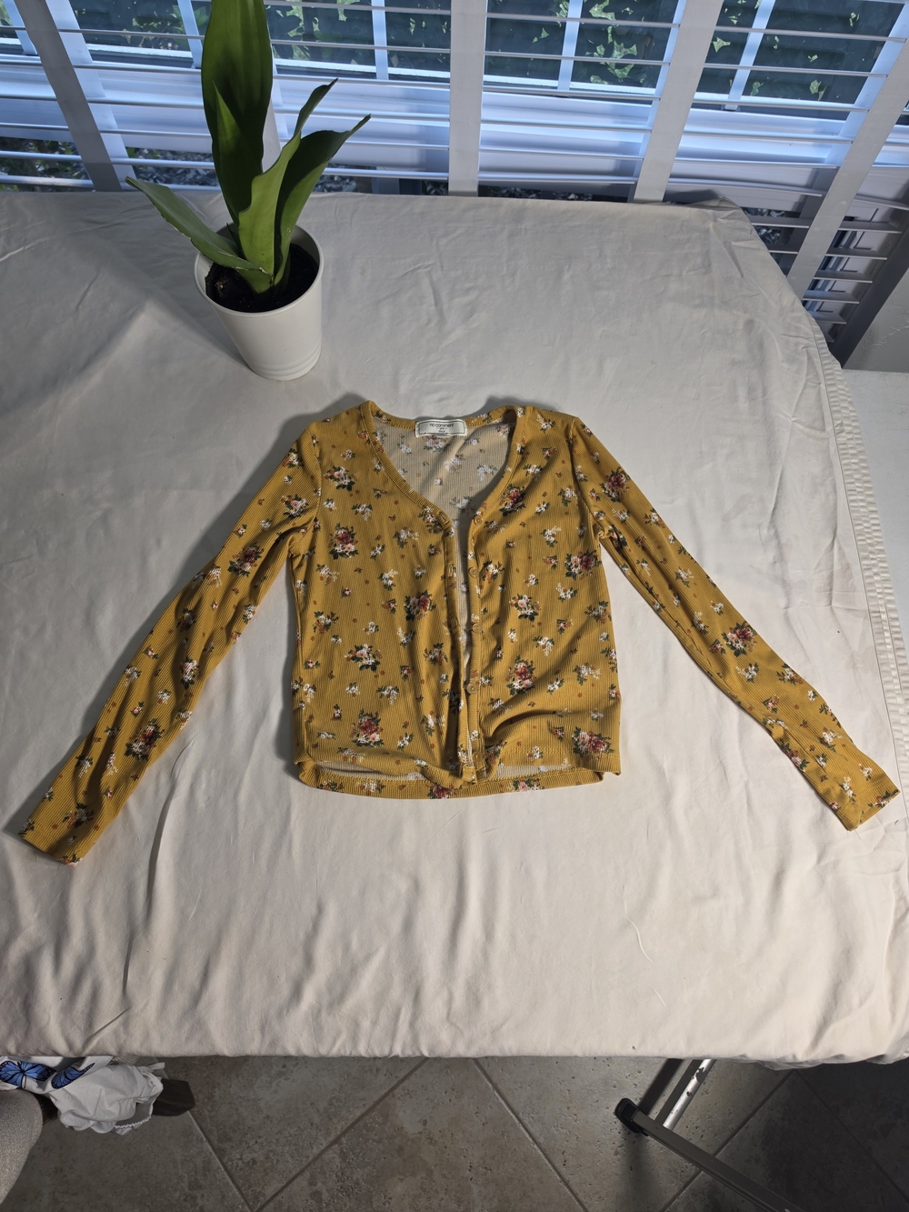 Girls Mustard Yellow Floral Button-Front Long Sleeve Top